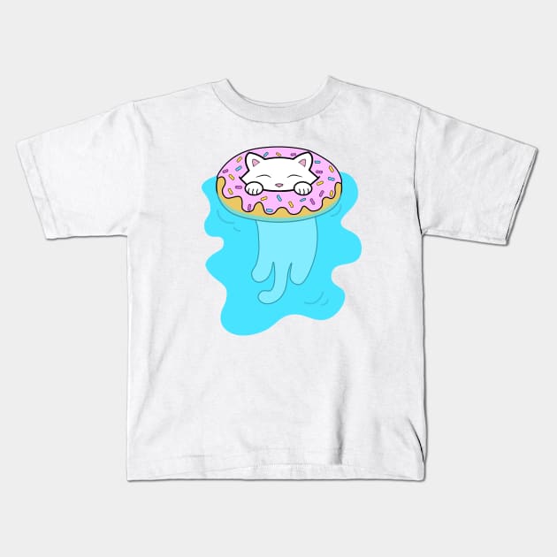 Cute white kitten swimming in a pool with water donut Kids T-Shirt by Purrfect